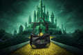 Black handbag with 'wicked' logo in front of a fantasy castle.