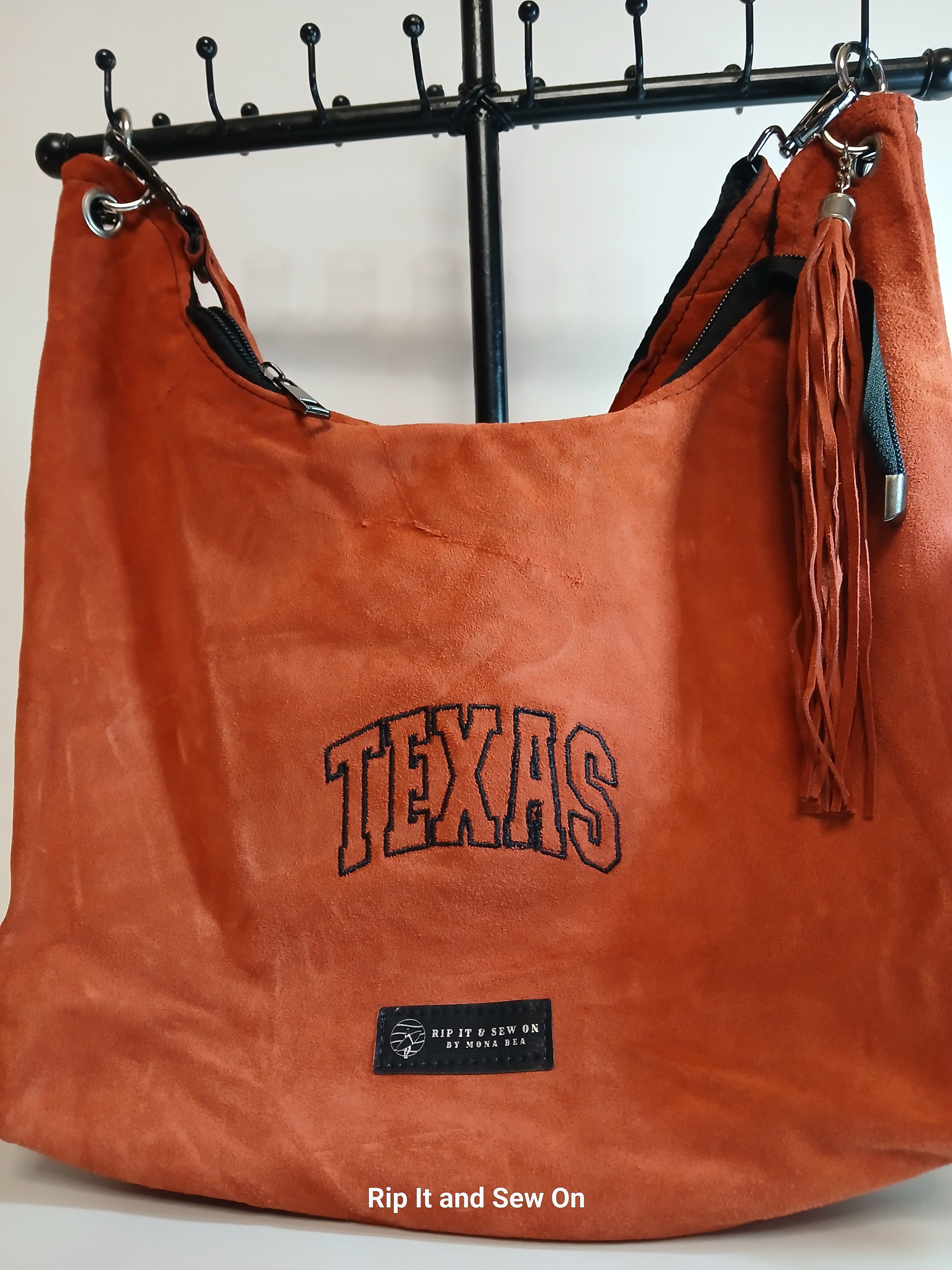 Leather suede UT Texas embroidered hobo bag